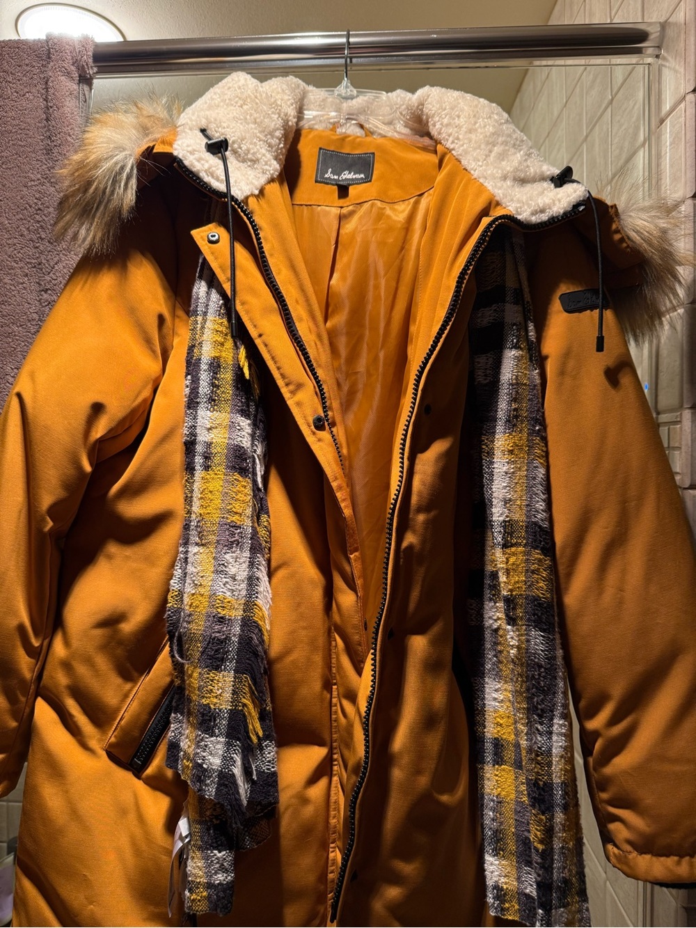 Sam Edelman Mustard Hooded Faux-Fur Trim Puffer Coat with Matching Plaid Scarf - Picture 2 of 15